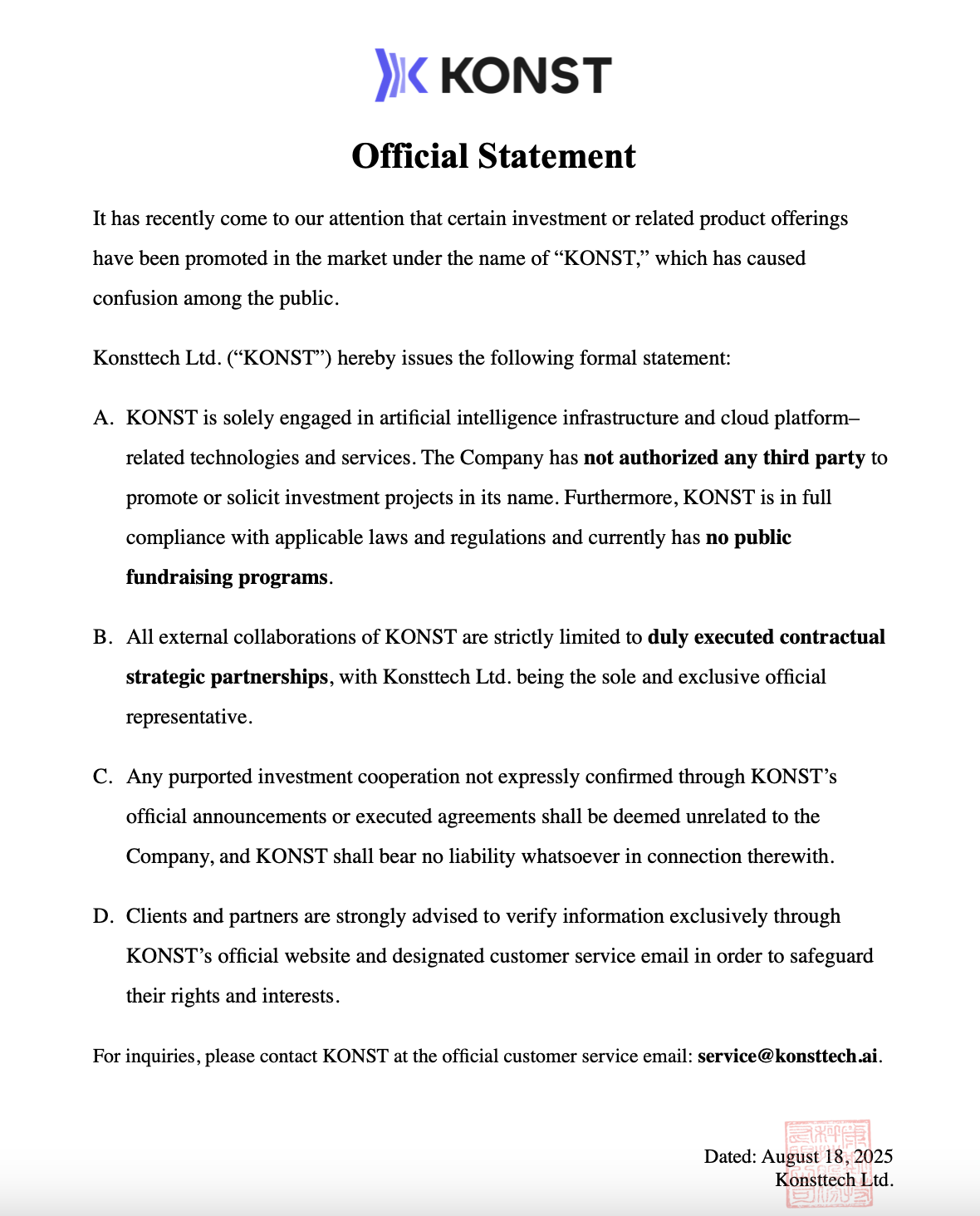 KONST Technology Co., Ltd. Official Declaration